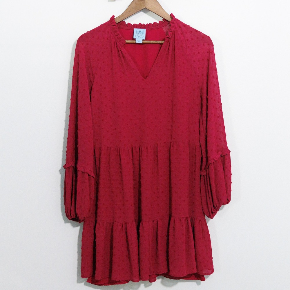 CeCe Red Clip Dot Tiered Ruffle V-Neck Long Sleeve Shift Dress Womens Small